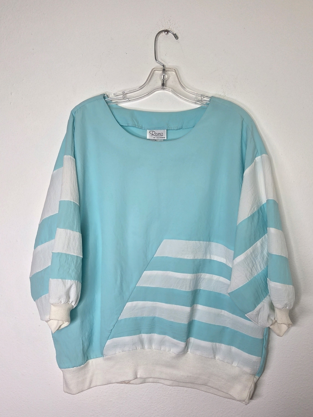 Vintage Remo Of California 80' Turquoise White Striped Pullover Sweatshirt Top
